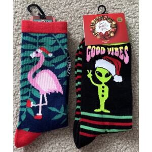 2 Pairs Of Christmas Socks Flamingo & Alien Bundle Women Adult Size 5-8